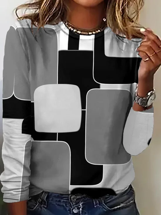 Casual Cotton Crew Neck Geometric Sweatshirt