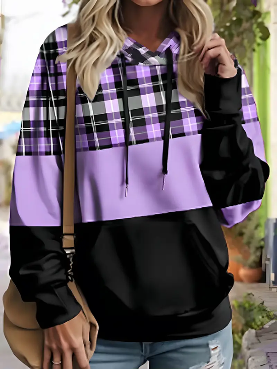 Women's Plaid Colorblock Print Casual Long Sleeve Hooded Sweatshirt