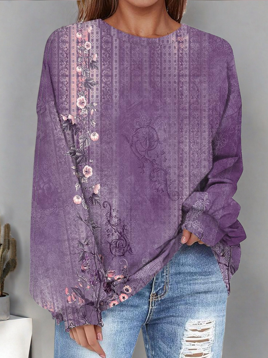 Crew Neck Printing Floral Casual Sweatshirt