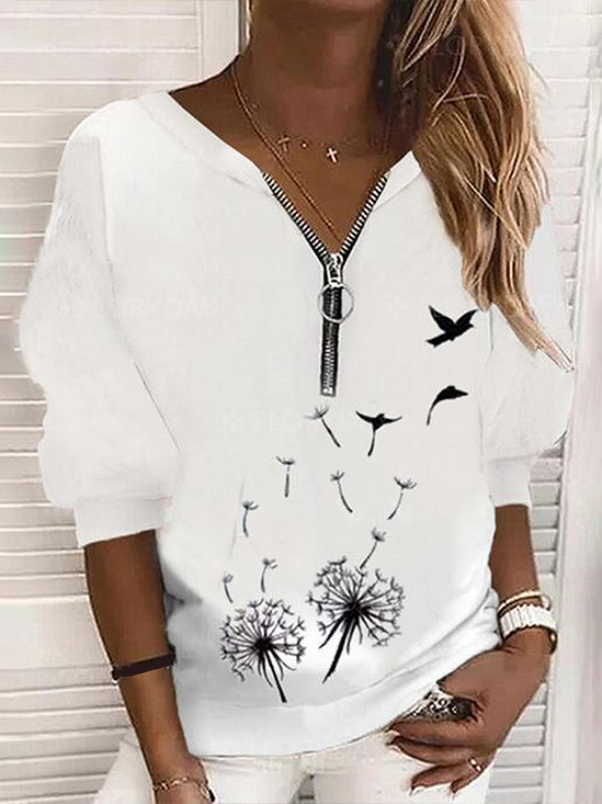 Women's Floral Print Casual Long Sleeve Zipper Sweatshirt