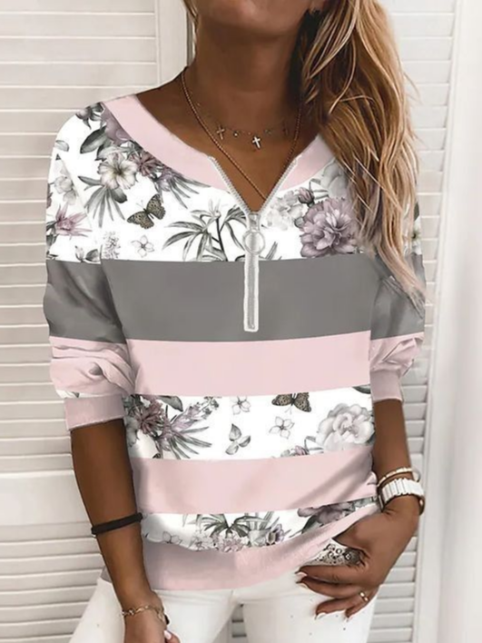 Women's Floral Print Casual Long Sleeve Zipper Sweatshirt