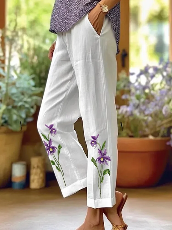 Women's  H-Line Baggy Pants Daily Going Out Pants White Casual Printing Floral Spring/Fall Pants