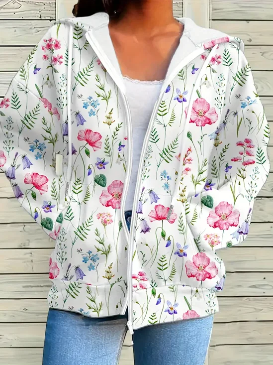 Women's Floral Print Casual Long Sleeve Zipper Hooded Sweatshirt Jacket