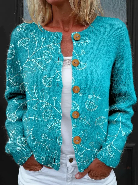 Women's Floral Pattern Art Print Button Cardigan Sweater