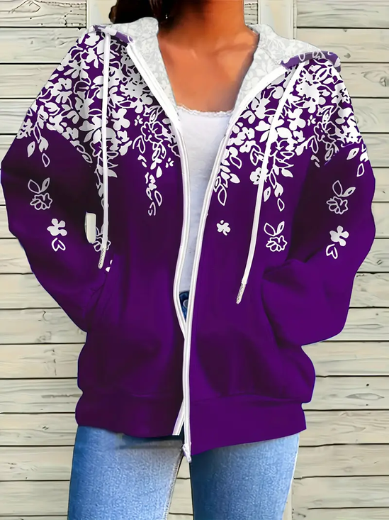 Women's Floral Print Casual Long Sleeve Zipper Hooded Sweatshirt Jacket