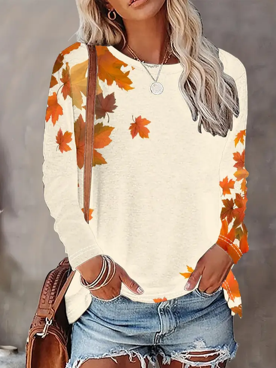 Women's Long Sleeve T-shirt Spring/Fall Apricot Maple Leaf Printing Jersey Crew Neck Daily Going Out Casual Top