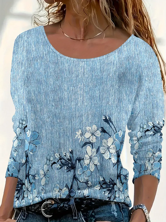 Women's Long Sleeve T-shirt Spring/Fall Blue Floral Printing Jersey Crew Neck Daily Going Out Casual Top