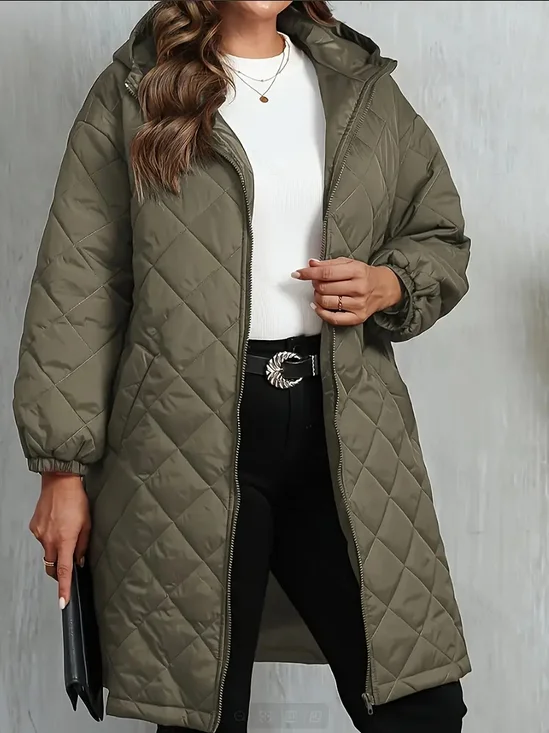Elegant Quilted Hooded Jacket for Women Zippered Long Sleeves Quilted iacket