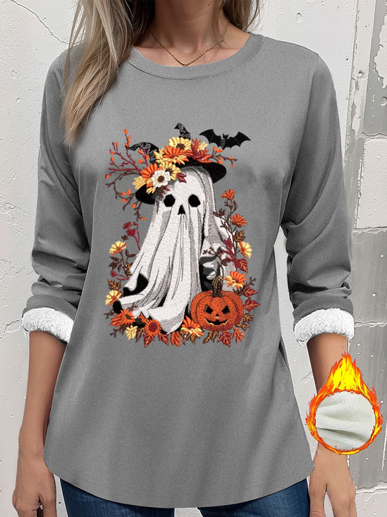 Women's Thickened Pullover Halloween Pattern Casual Comfort Long Sleeve Crew Neck Regular Fit Top