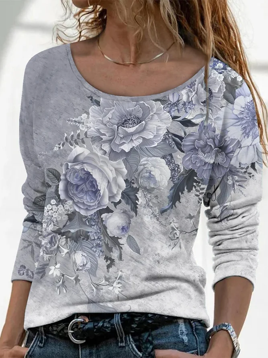 Women's Long Sleeve T-shirt Spring/Fall Gray Floral Printing Jersey Crew Neck Daily Going Out Casual Top