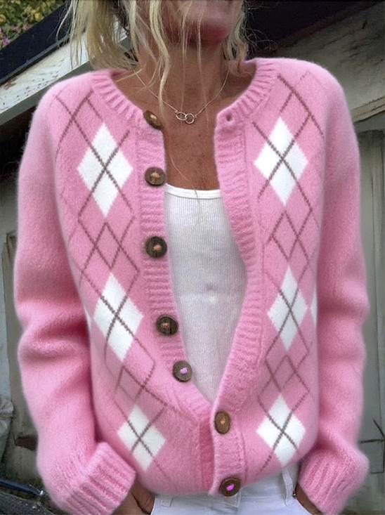 Women Geometric Casual  Micro-Elasticity Daily Loose  Cardigan
