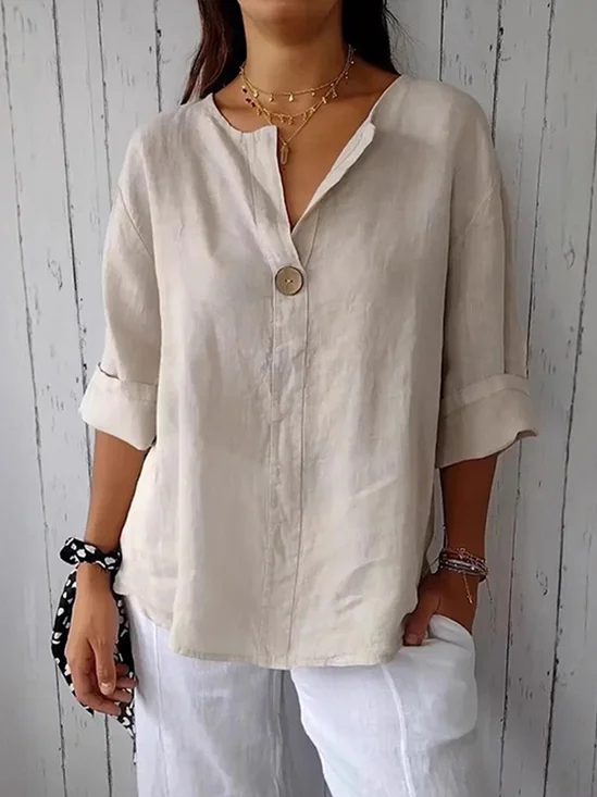Casual Plain Buttoned V Neck Blouse