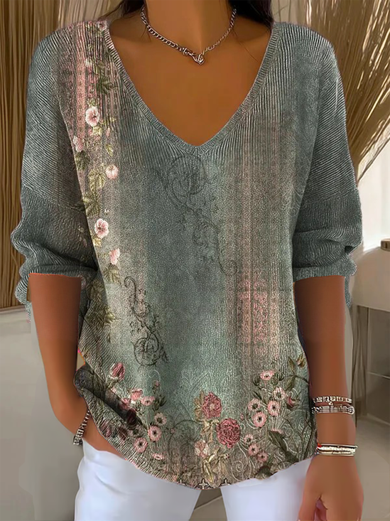Women's Gradient Floral Pattern T-Shirt Casual Comfort Regular Striped Top