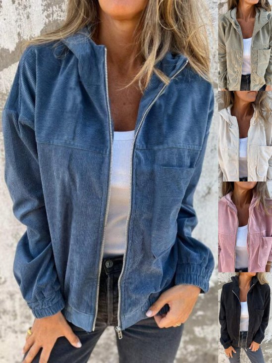 New Solid Color Simple Style Splicing Corduroy Zipper Hooded Coat Jacket
