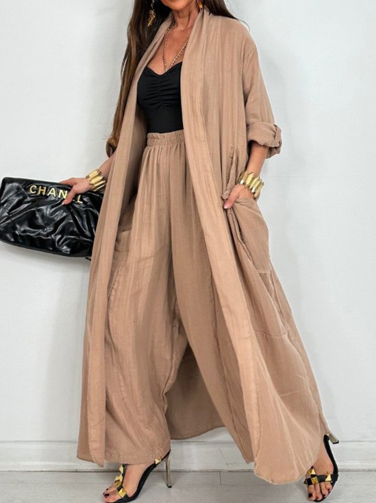 Casual Plain Two-Piece Set Coat With Pants