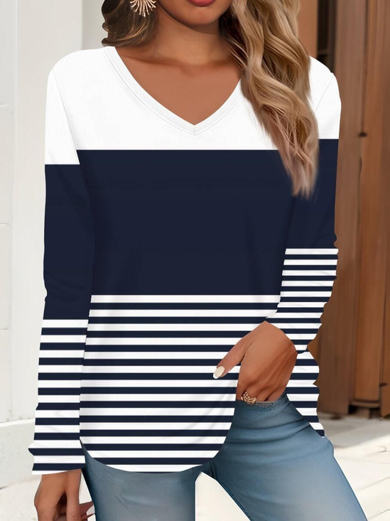 Women's Long Sleeve T-shirt Spring/Fall Purplish blue Striped Printing Jersey V Neck Daily Going Out Casual Top