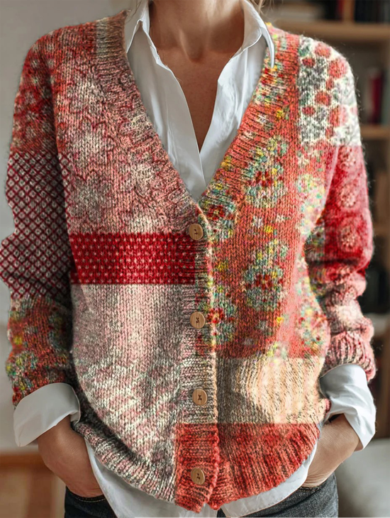 Women's Vintage Floral Pattern Art Print Button V-neck Cardigan Sweater