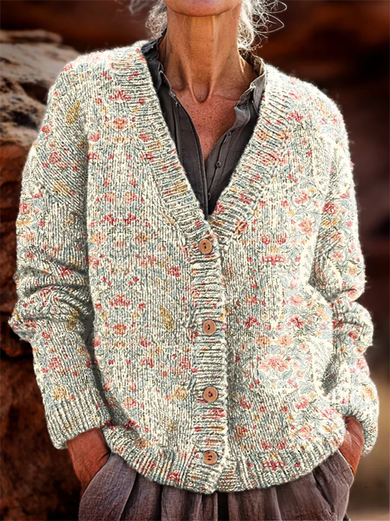 Women's Retro Floral Pattern V-Neck Cardigan Casual Comfort Regular Sweatshirt Jacket