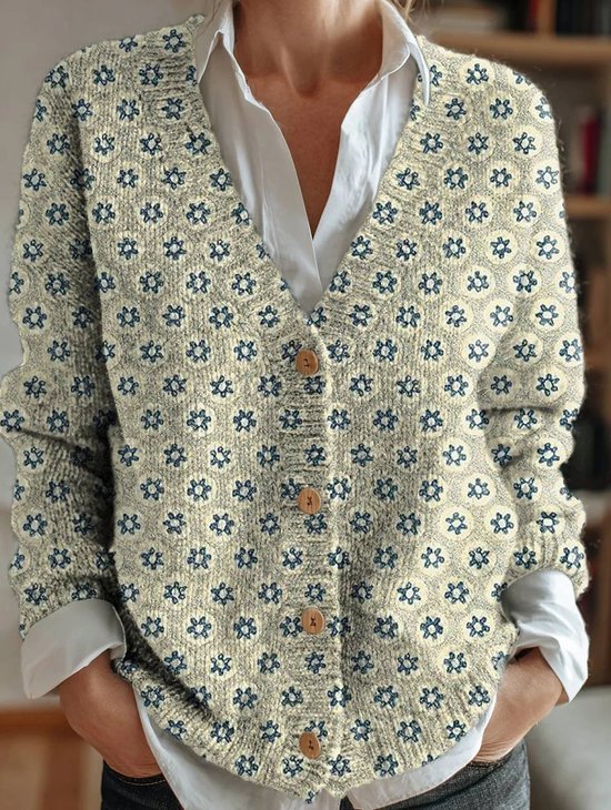 Women's Retro Floral Pattern V-Neck Cardigan Casual Comfort Regular Sweatshirt Jacket