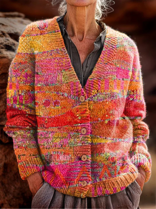 Women's Retro Geometric Pattern V-Neck Cardigan Casual Comfort Regular Sweater Jacket