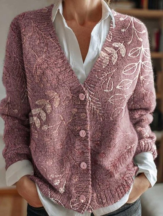 Women's Artistic Floral Pattern V-Neck Cardigan Casual Comfort Regular Sweatshirt Jacket
