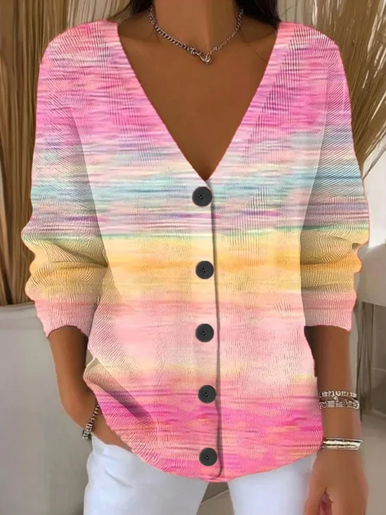 Women's Abstract Print Casual V-Neck Button Long Sleeve Cardigan