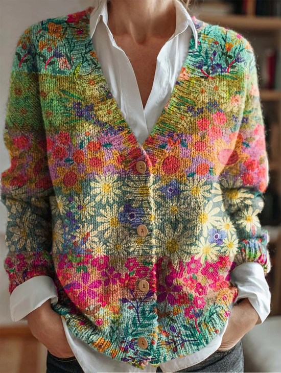 Women's Geometric Floral Pattern V-Neck Cardigan Casual Comfort Regular Sweatshirt Jacket