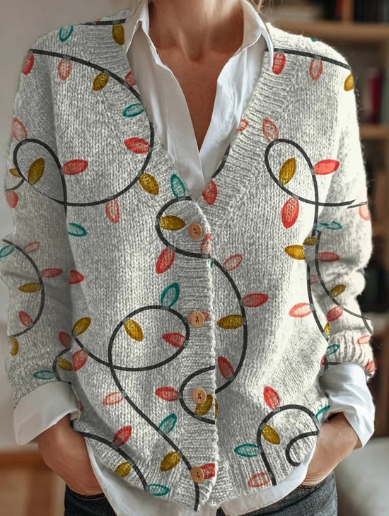 Women's Christmas Pattern V-Neck Cardigan Casual Comfort Regular Sweatshirt Jacket