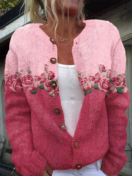Women's Floral Print Casual Long Sleeve Button Cardigan Sweater