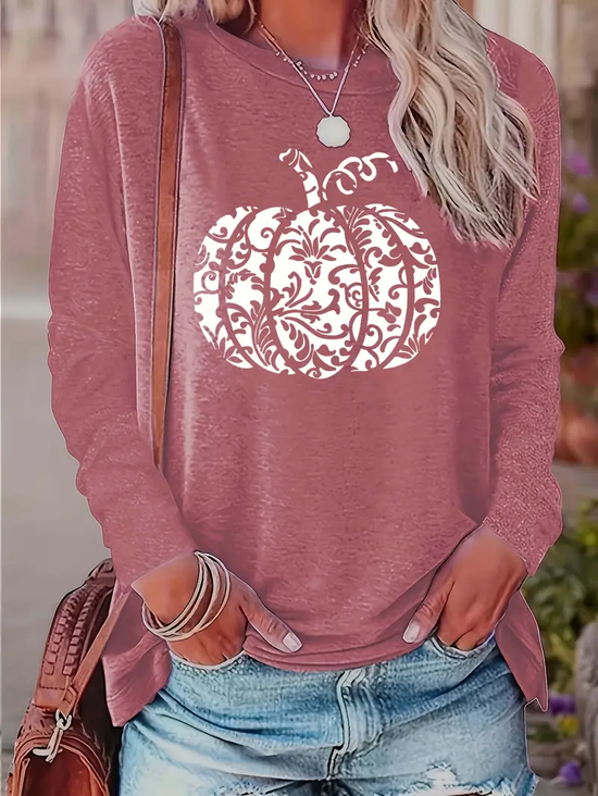 Women's Long Sleeve T-shirt Spring/Fall Pink Halloween (pumpkin) Printing Jersey Crew Neck Daily Going Out Casual Top