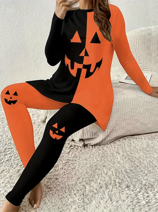 Women's Halloween Pattern Casual Long Sleeve Pants Set