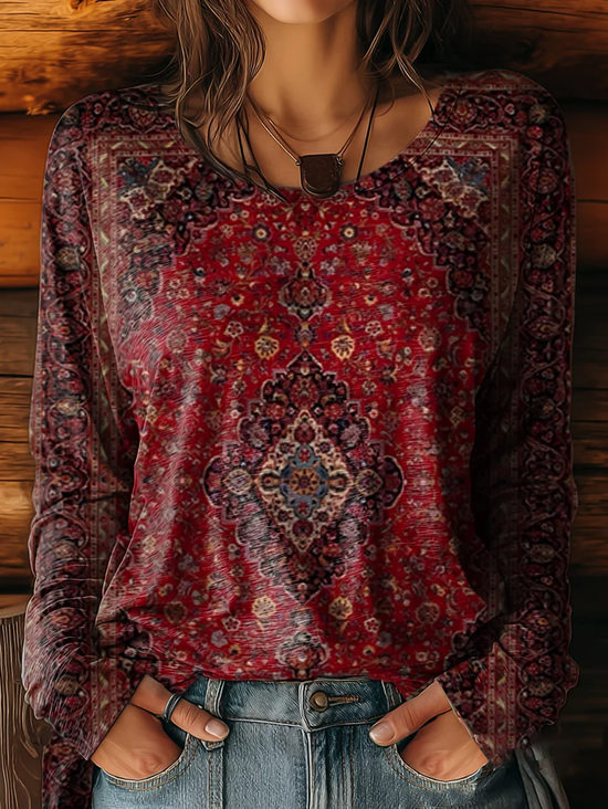 Women's Long Sleeve T-shirt Spring/Fall Wine Red Ethnic Printing Jersey Crew Neck Daily Going Out Casual Top