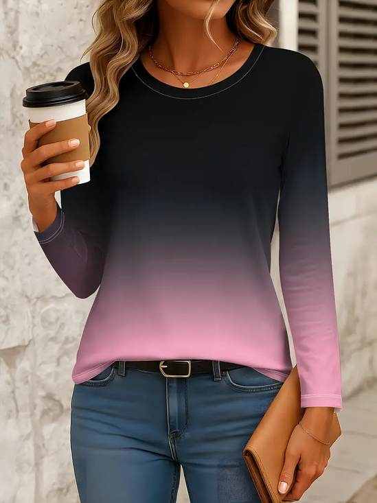Women's Long Sleeve T-shirt Spring/Fall Black-pink Ombre Printing Jersey Crew Neck Daily Going Out Casual Top