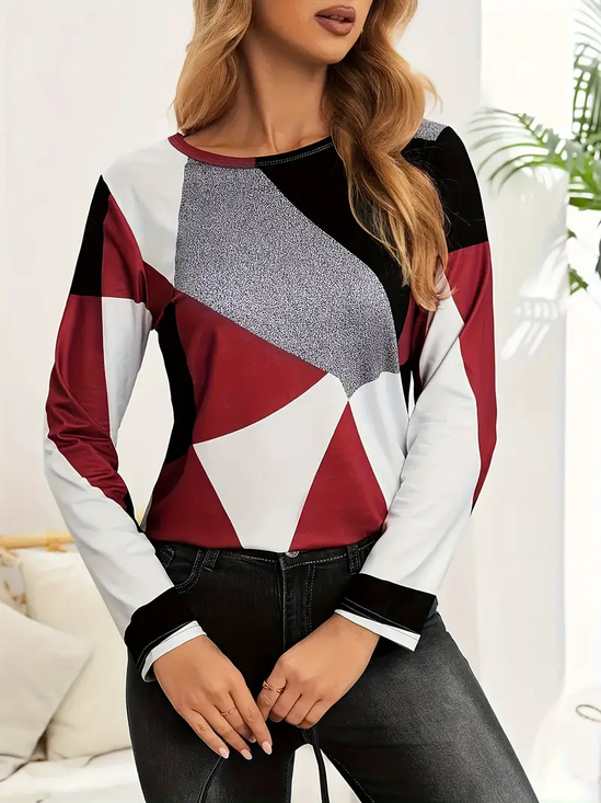 Women's Long Sleeve T-shirt Spring/Fall Red Abstract Printing Jersey Crew Neck Daily Going Out Casual Top
