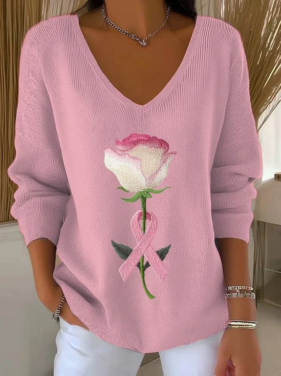 Women's Long Sleeve T-shirt Spring/Fall Pink Floral Printing V Neck Daily Going Out Casual Top