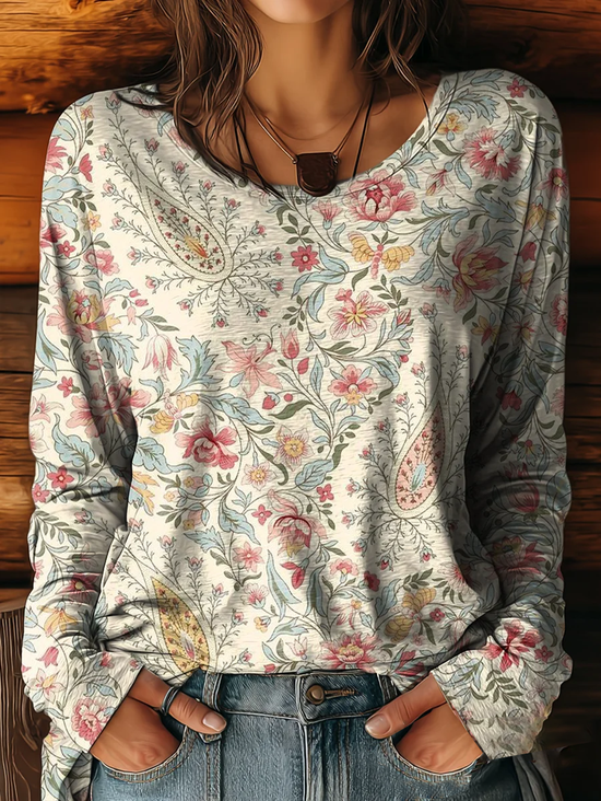 Women's Long Sleeve T-shirt Spring/Fall Apricot Floral Printing Jersey Crew Neck Daily Going Out Casual Top