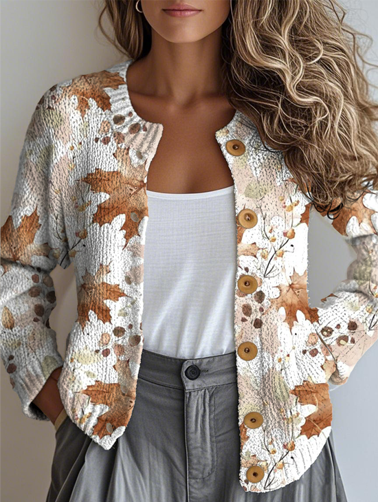 Women's Retro Maple Leaf Pattern Casual Loose Long Sleeve Cardigan Regular Autumn and Winter Top