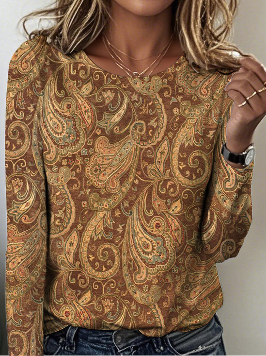 Women's Vintage Paisley Pattern Crew Neck Long Sleeve T-Shirt Regular Top