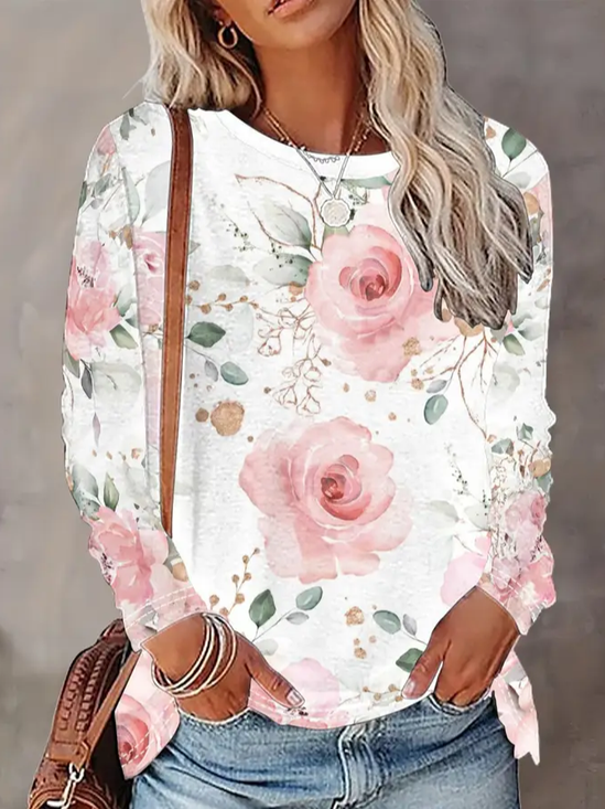 Women's Long Sleeve T-shirt Spring/Fall White Floral Printing Jersey Crew Neck Daily Going Out Casual Top