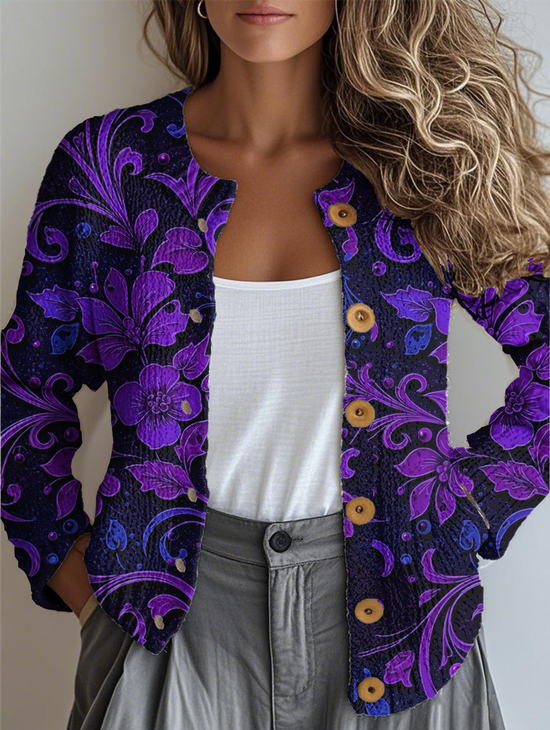 Women's Floral Pattern Casual Long Sleeve Cardigan Regular Autumn and Winter Top