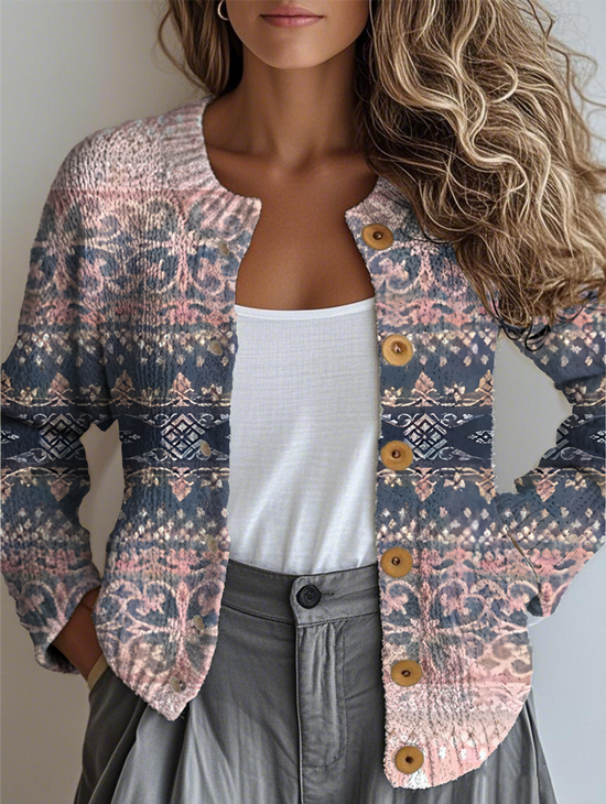 Women's Ethnic Geometric Gradient Pattern Casual Long-Sleeved Cardigan Regular Autumn And Winter Tops