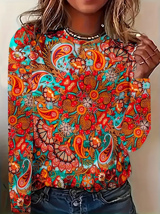 Women's Long Sleeve T-shirt Spring/Fall Orange Floral Printing Jersey Crew Neck Daily Going Out Casual Top
