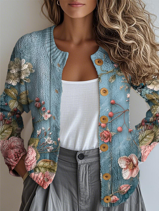 Women's Retro Floral Pattern Casual Loose Long Sleeve Cardigan Regular Autumn and Winter Tops