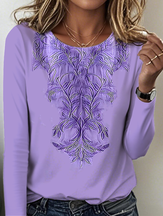 Women's Retro Pattern Round Neck Long Sleeve T-Shirt Regular Top