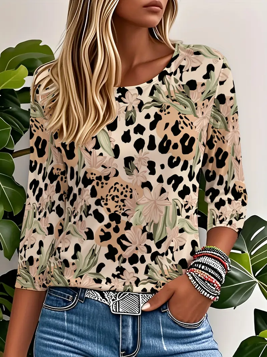 Women's Three Quarter Sleeve T-shirt Spring/Fall Khaki Leopard Crew Neck Daily Going Out Casual Top