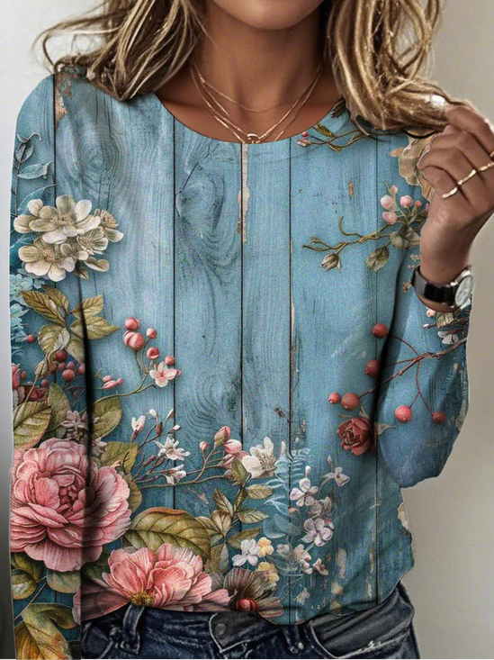 Women's Retro Floral Pattern Round Neck Long Sleeve T-Shirt Regular Top