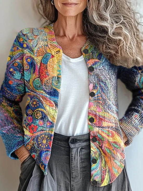 Crew Neck Abstract Casual Cardigan