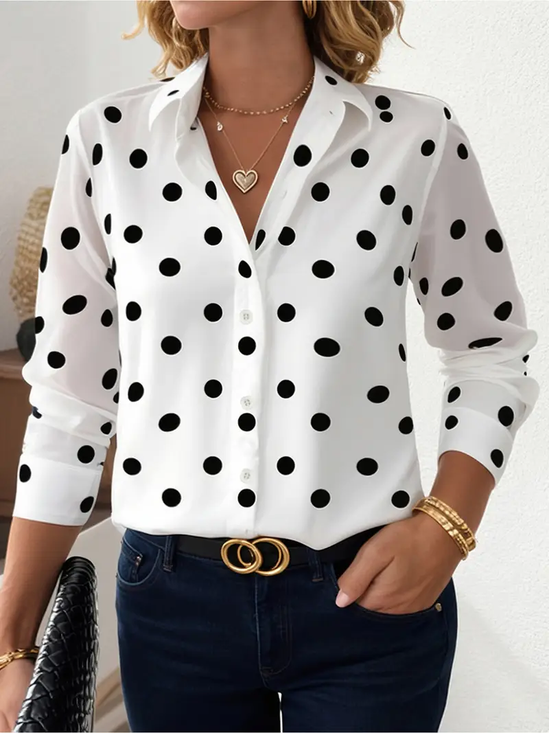 Women's Long Sleeve Shirt Spring/Fall White Polka Dots Buckle Shirt Collar Regular Sleeve Daily Going Out Casual Top