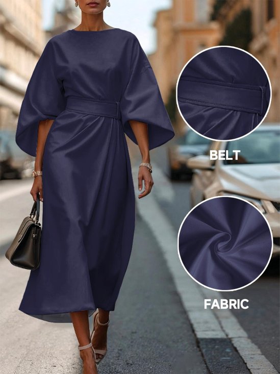 Regular Fit Dolman Sleeve Street Crew Neck Dress With Belt