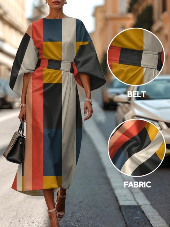 Dolman Sleeve Crew Neck Gradient Pattern Vintage Dress With Belt
